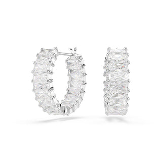 Matrix hoop earrings, Baguette cut, White, Rhodium plated