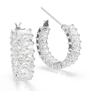 Matrix hoop earrings, Baguette cut, White, Rhodium plated
