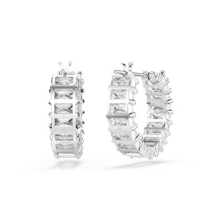 Matrix hoop earrings, Baguette cut, White, Rhodium plated