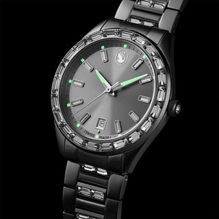 Matrix date watch, Swiss Made, Metal bracelet, Silver tone, Stainless steel
