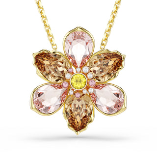 Idyllia pendant and brooch Mixed cuts, Flower, Multicolored, Gold-tone plated