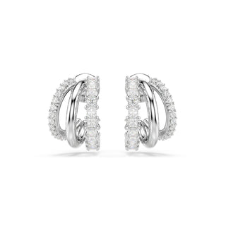 Hyperbola hoop earrings, Round cut, Mini, White, Rhodium plated