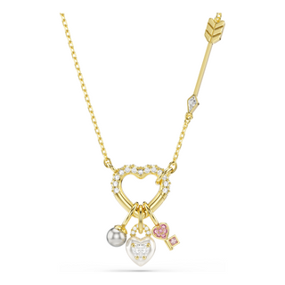 Idyllia pendant, Mixed cuts, Heart, Key, Pink, Gold-tone plated