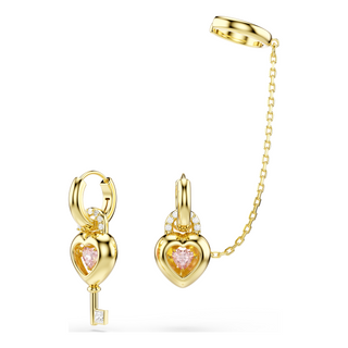 Idyllia drop earrings with ear cuff, Mixed cuts, Heart with key, Pink, Gold-tone plated