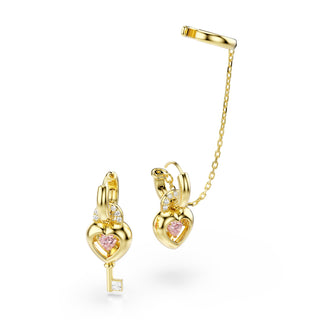 Idyllia drop earrings with ear cuff, Mixed cuts, Heart with key, Pink, Gold-tone plated