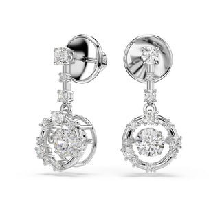 Constella drop earrings, Round cut, Dancing stone, White, Rhodium plated