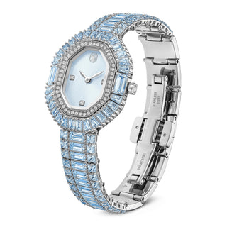 Matrix octagon watch, Baguette cut, Metal bracelet, Blue, Stainless steel