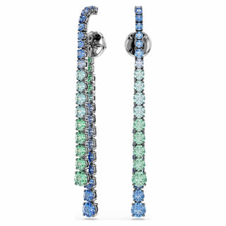 Matrix drop earrings, Gradient of round cuts, Multicolored, Ruthenium plated