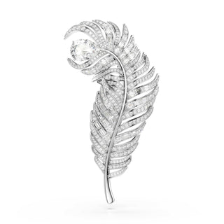 Vienna brooch, Mixed cuts, Feather, White, Rhodium plated