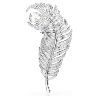 Vienna brooch, Mixed cuts, Feather, White, Rhodium plated