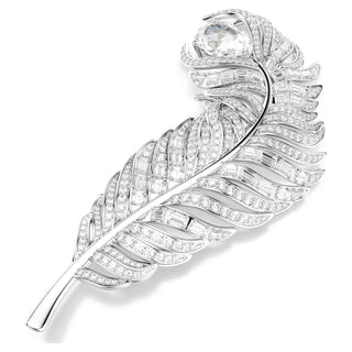 Vienna brooch, Mixed cuts, Feather, White, Rhodium plated