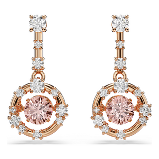 Constella drop earrings, Round cut, Dancing stone, Pink, Rose gold-tone plated