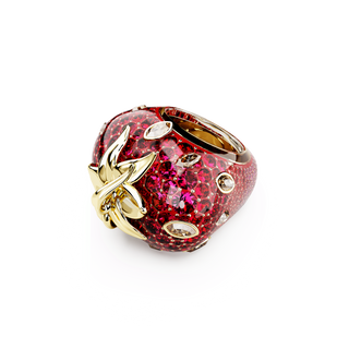 Idyllia motif ring, Mixed cuts, Strawberry, Red, 18K gold finish