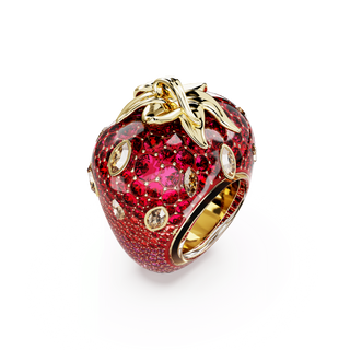 Idyllia motif ring, Mixed cuts, Strawberry, Red, 18K gold finish