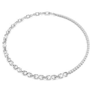 Matrix necklace, S-shape, Round cut, White, Rhodium plated