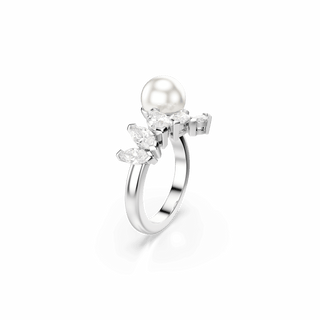 Mesmera open ring, Crystal pearl, Marquise cut, White, Rhodium plated