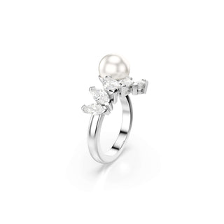 Mesmera open ring, Crystal pearl, Marquise cut, White, Rhodium plated