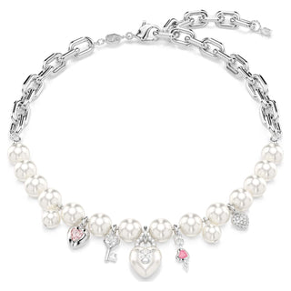 Idyllia necklace, Crystal pearl, Mixed cuts, White, Rhodium plated