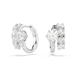 Matrix hoop earrings, Round cut, White, Rhodium plated