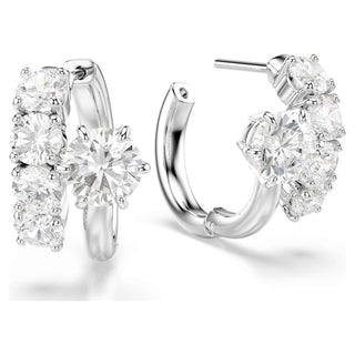 Matrix hoop earrings, Round cut, White, Rhodium plated