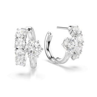 Matrix hoop earrings, Round cut, White, Rhodium plated