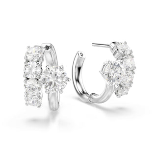 Matrix hoop earrings, Round cut, White, Rhodium plated