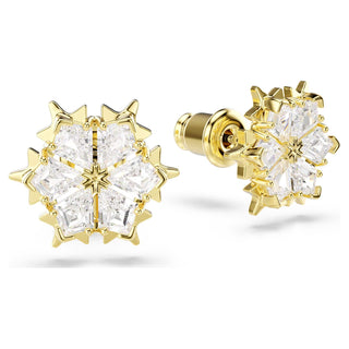 Magic stud earrings, Mixed cuts, Snowflake, White, 18K gold finish