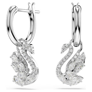 Swan drop earrings, Mixed cuts, Swan, White, Rhodium plated
