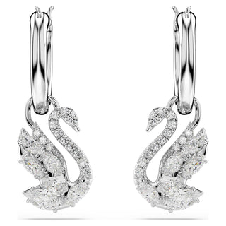 Swan drop earrings, Mixed cuts, Swan, White, Rhodium plated