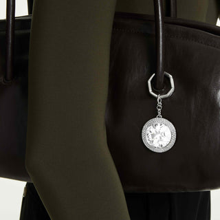 Bag charm, Round cut, White, Rhodium plated
