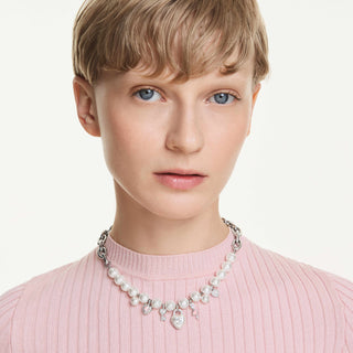 Idyllia necklace, Crystal pearl, Mixed cuts, White, Rhodium plated