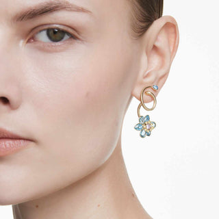 Idyllia drop earrings, Asymmetrical design, Mixed cuts, Flower, Multicolored, 18K gold finish