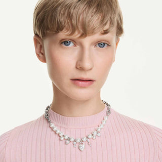Idyllia necklace, Crystal pearl, Mixed cuts, White, Rhodium plated