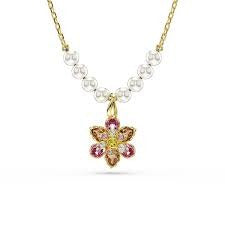 Idyllia pendant Crystal pearl, Mixed cuts, Flower, Multicolored, Gold-tone plated