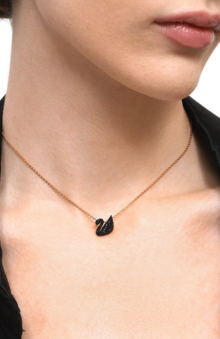 Swan pendant, Swan, Small, Black, Rose gold plated