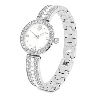 Matrix pearl bangle watch, Swiss Made, Crystal bracelet, White, Stainless steel