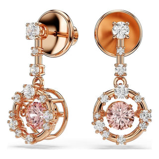 Constella drop earrings, Round cut, Dancing stone, Pink, Rose gold-tone plated