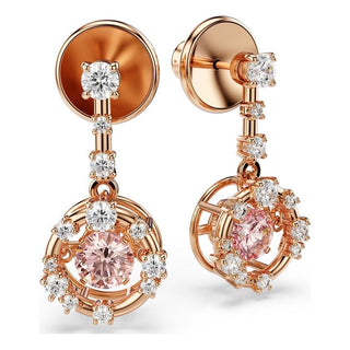 Constella drop earrings, Round cut, Dancing stone, Pink, Rose gold-tone plated