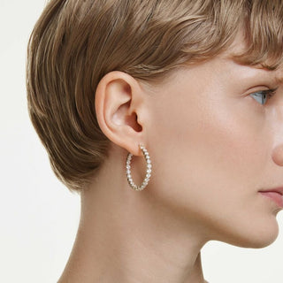 Matrix hoop earrings, Round cut, White, Gold-tone plated