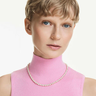 Matrix Tennis necklace, Crystal pearl, Round cut, White, Gold-tone plated