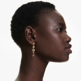 Gema drop earrings, Asymmetrical design, Mixed cuts, Long, Yellow, Gold-tone plated
