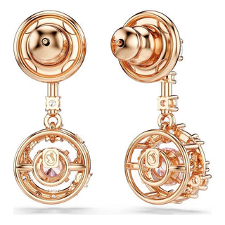 Constella drop earrings, Round cut, Dancing stone, Pink, Rose gold-tone plated