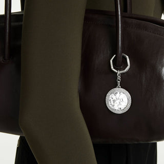 Bag charm, Round cut, White, Rhodium plated
